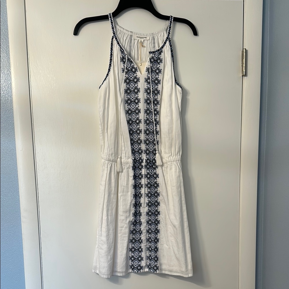 Beach lunch lounge White Dress with Navy Embroidery